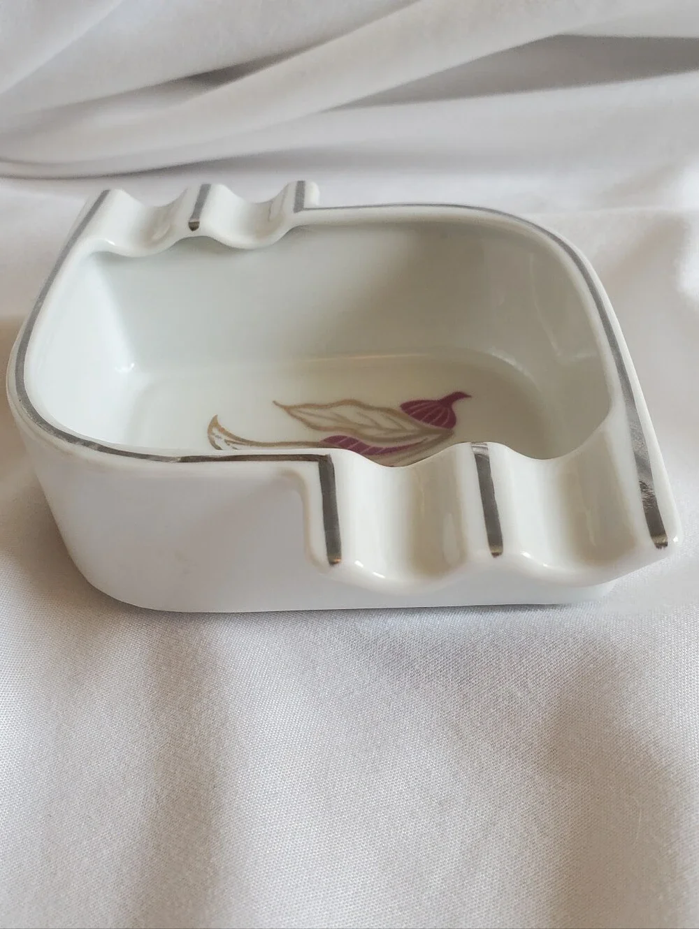 Ucagco China Vintage White Porcelain Ashtray with Gold and Plum Floral Accent